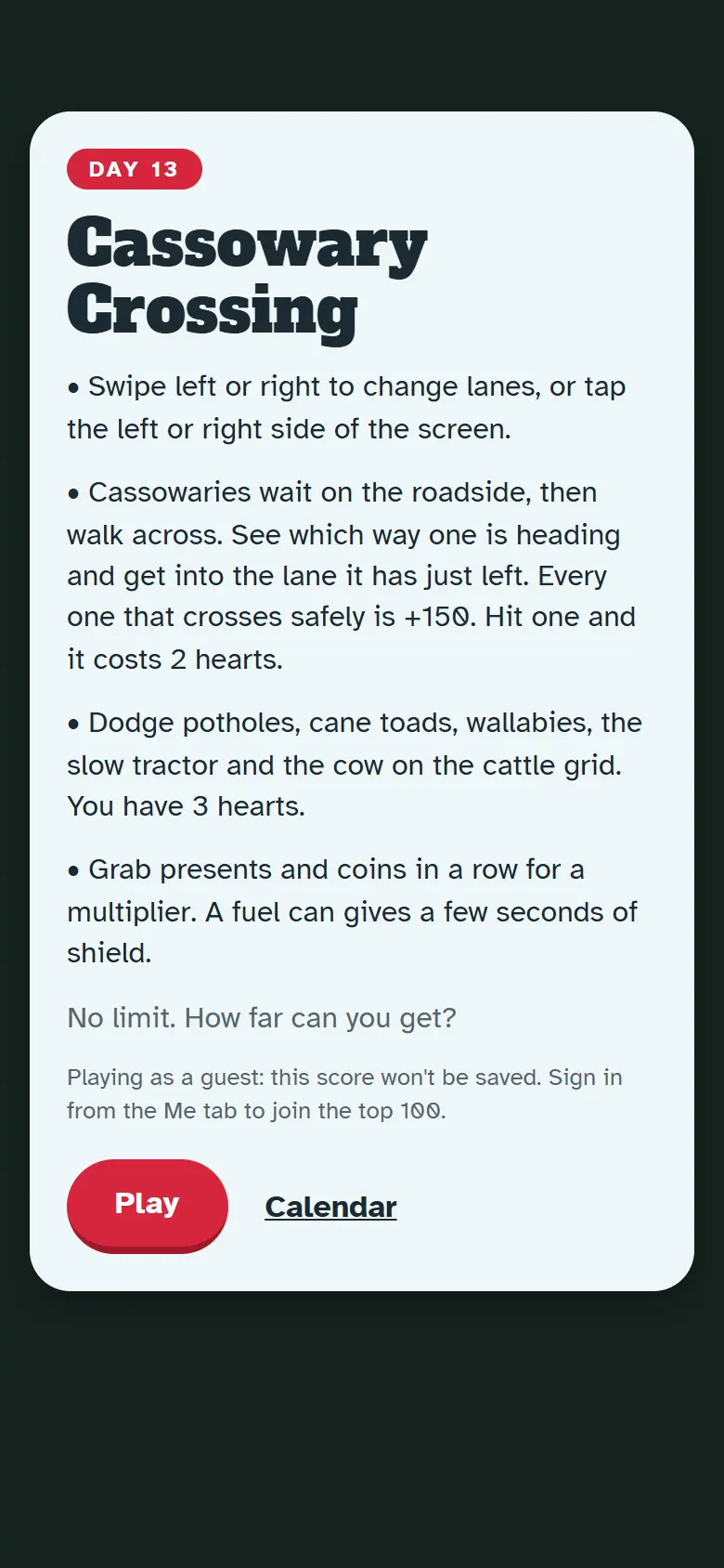 Intro screen for Day 13, Cassowary Crossing: the painted scene behind the how-to-play card and the Play button.
