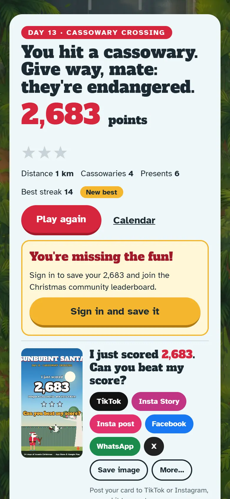 Results screen for Day 13, Cassowary Crossing, with the score, stars, Play again and the share buttons.