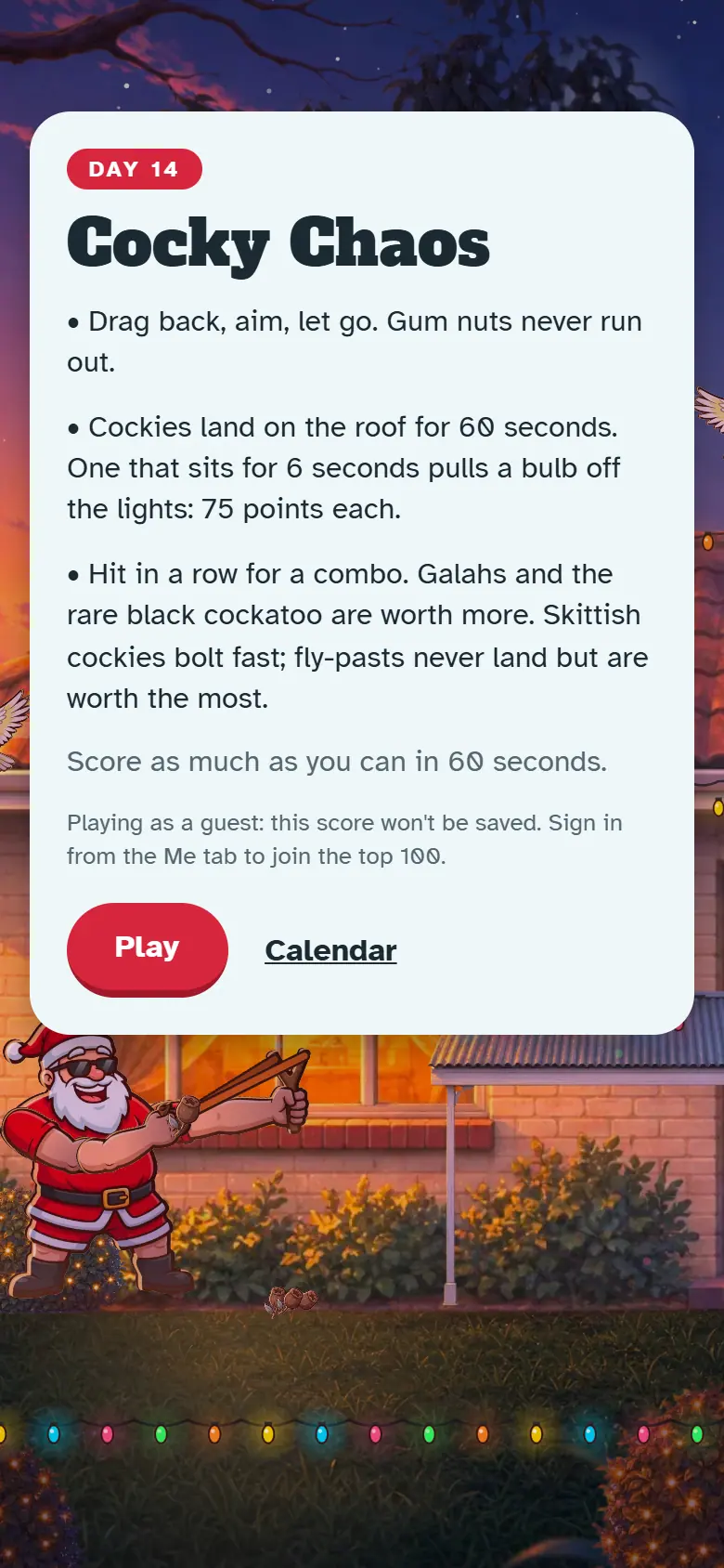 Intro screen for Day 14, Cocky Chaos: the painted scene behind the how-to-play card and the Play button.