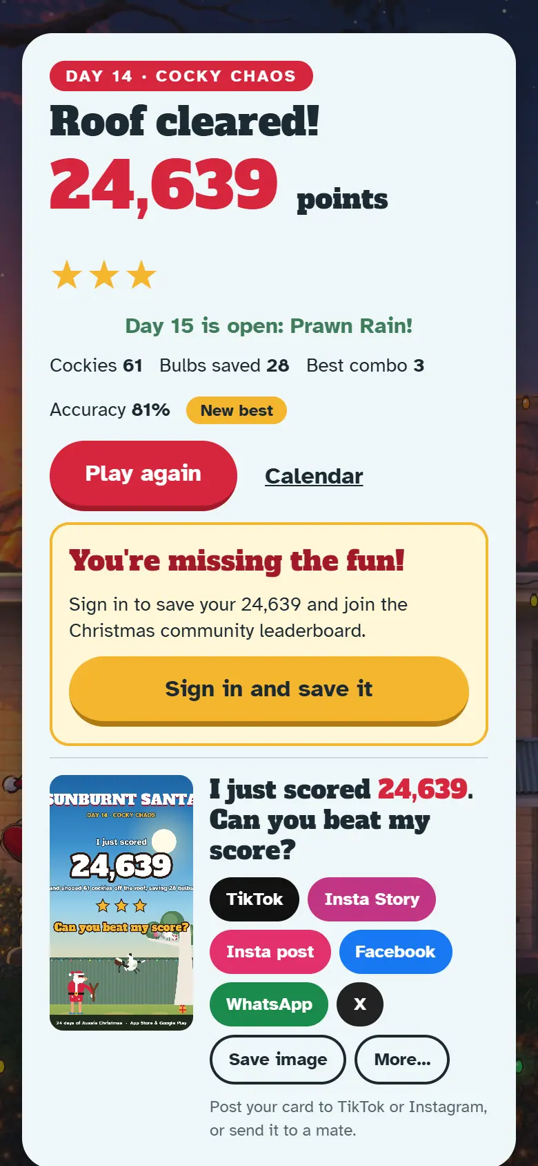 Results screen for Day 14, Cocky Chaos, with the score, stars, Play again and the share buttons.