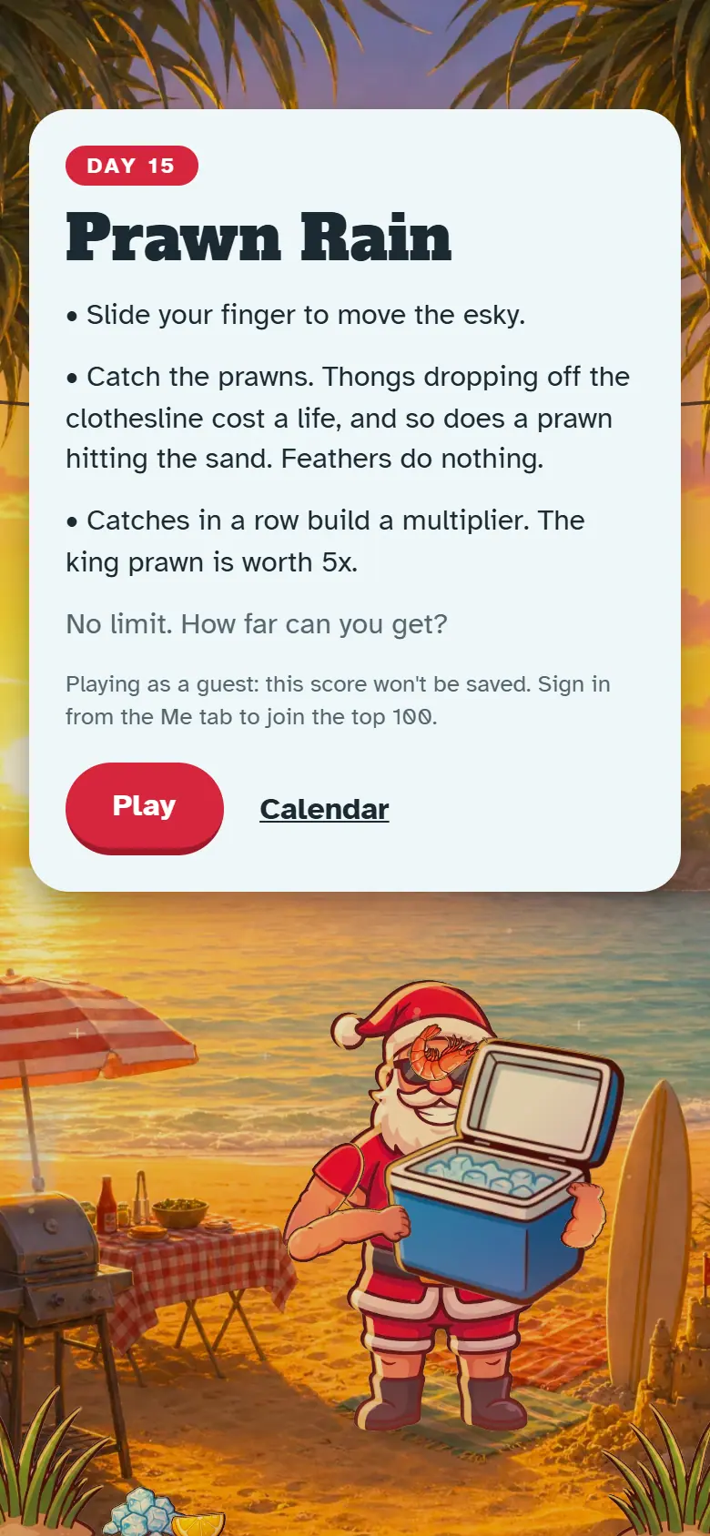 Intro screen for Day 15, Prawn Rain: the painted scene behind the how-to-play card and the Play button.