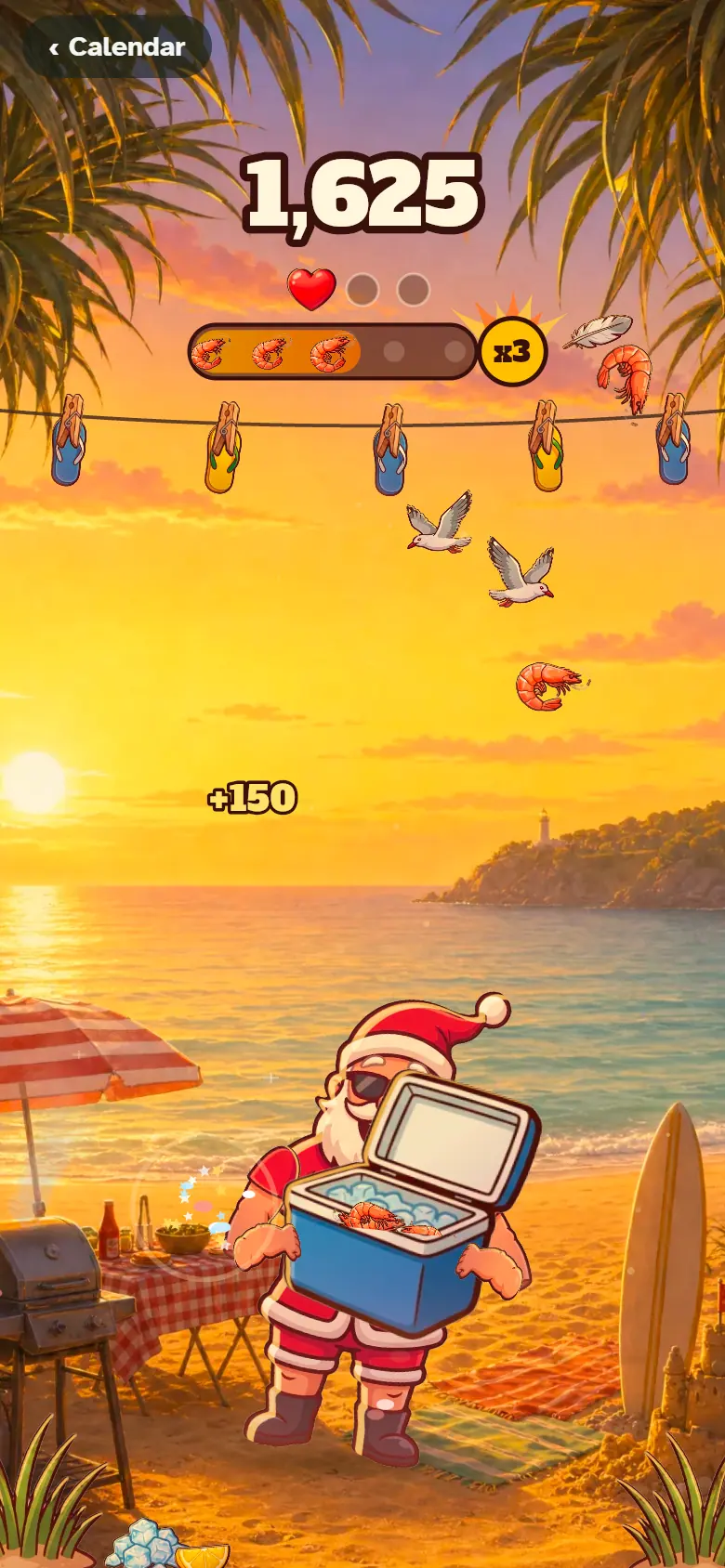 Santa holds an esky on the beach at sunset, catching prawns that fall past a clothesline of thongs.
