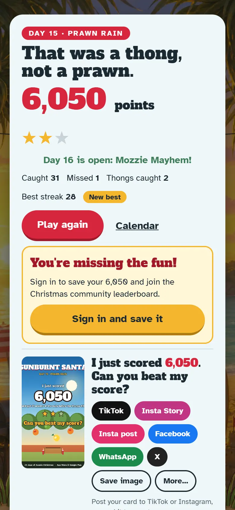 Results screen for Day 15, Prawn Rain, with the score, stars, Play again and the share buttons.