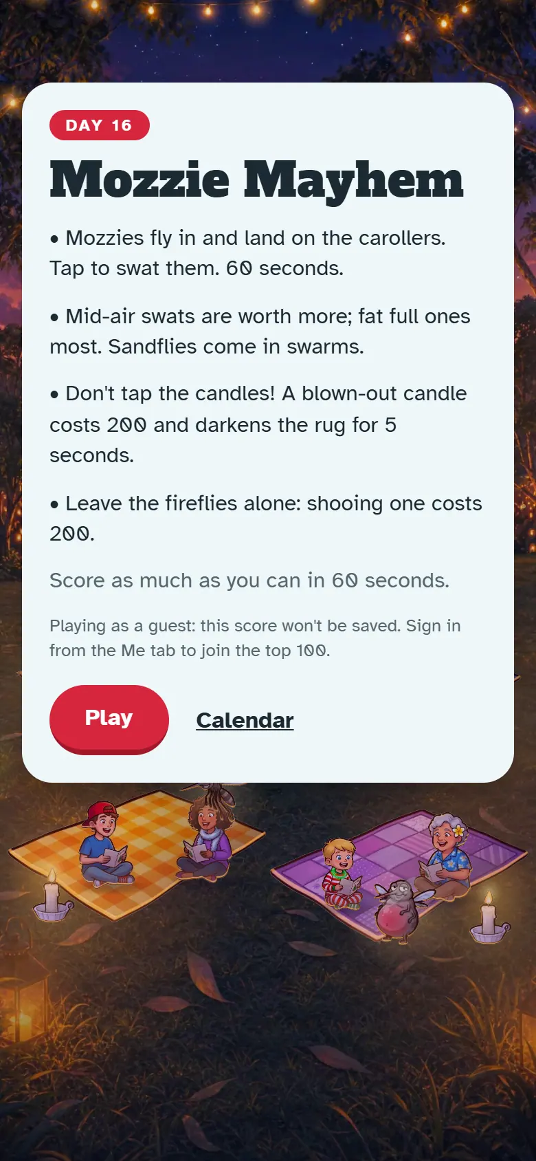 Intro screen for Day 16, Mozzie Mayhem: the painted scene behind the how-to-play card and the Play button.
