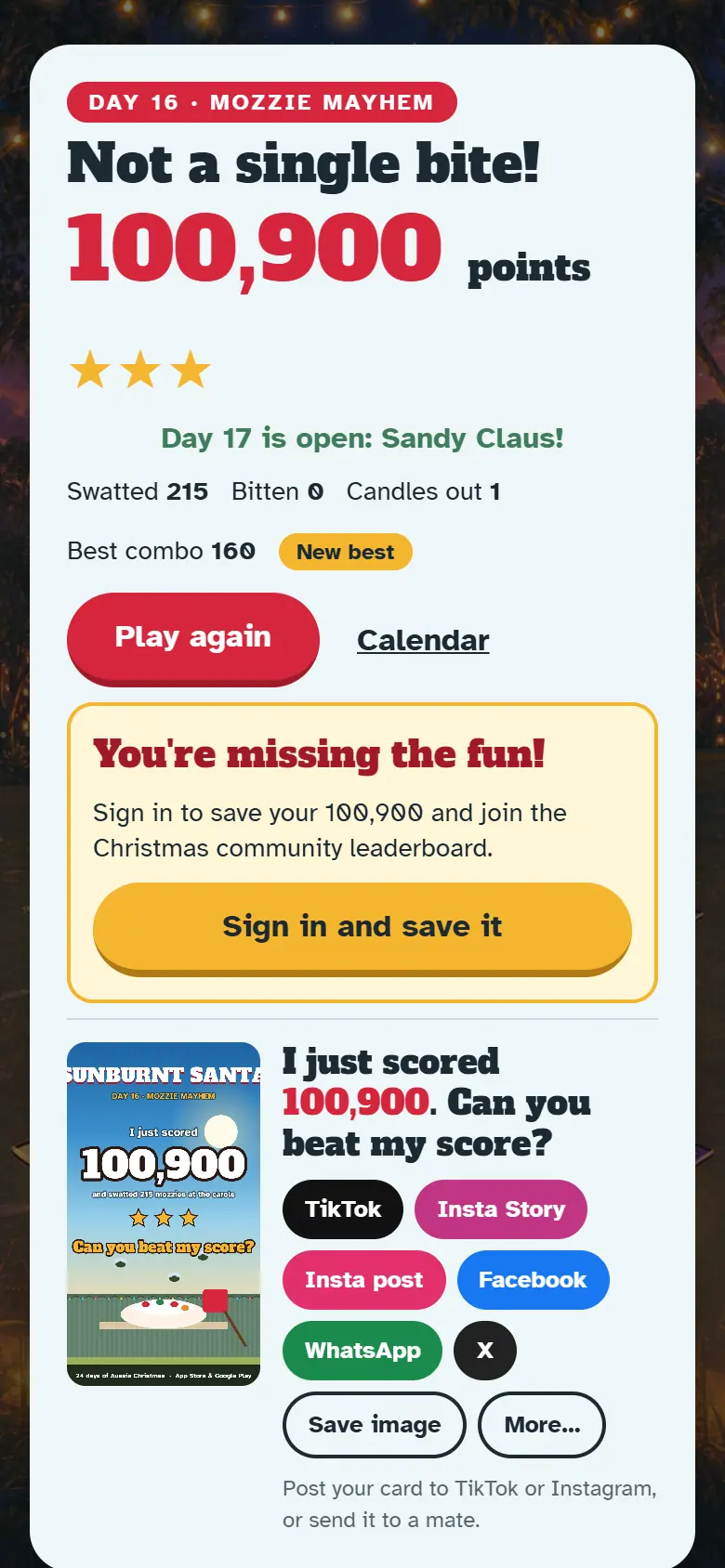 Results screen for Day 16, Mozzie Mayhem, with the score, stars, Play again and the share buttons.