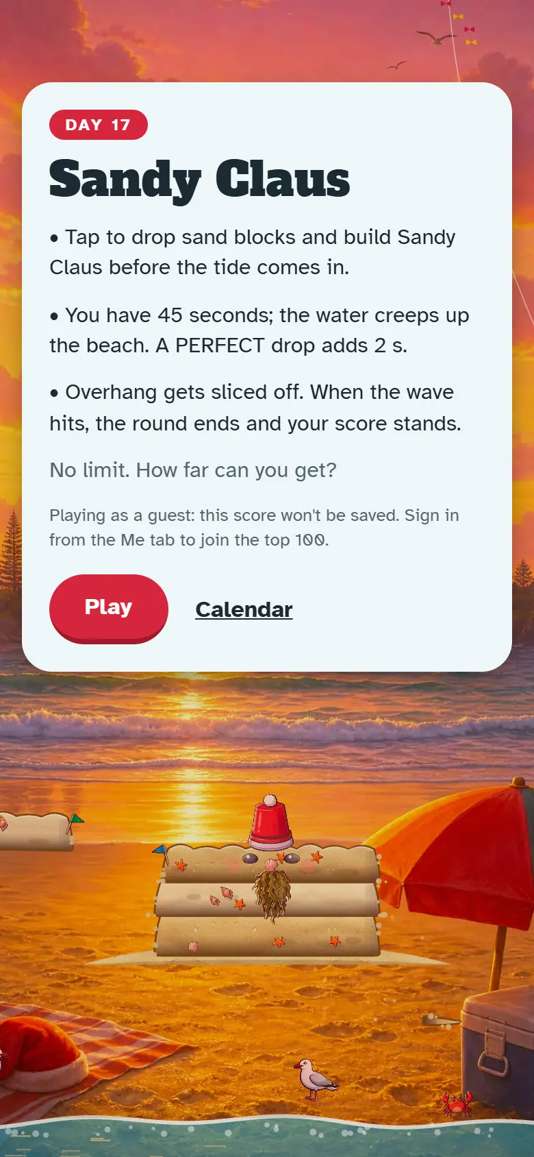 Intro screen for Day 17, Sandy Claus: the painted scene behind the how-to-play card and the Play button.