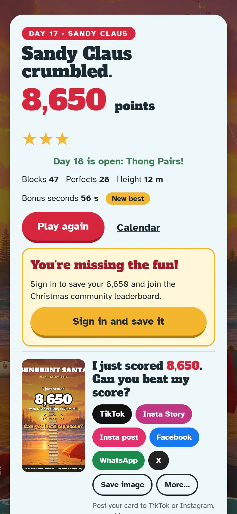 Results screen for Day 17, Sandy Claus, with the score, stars, Play again and the share buttons.