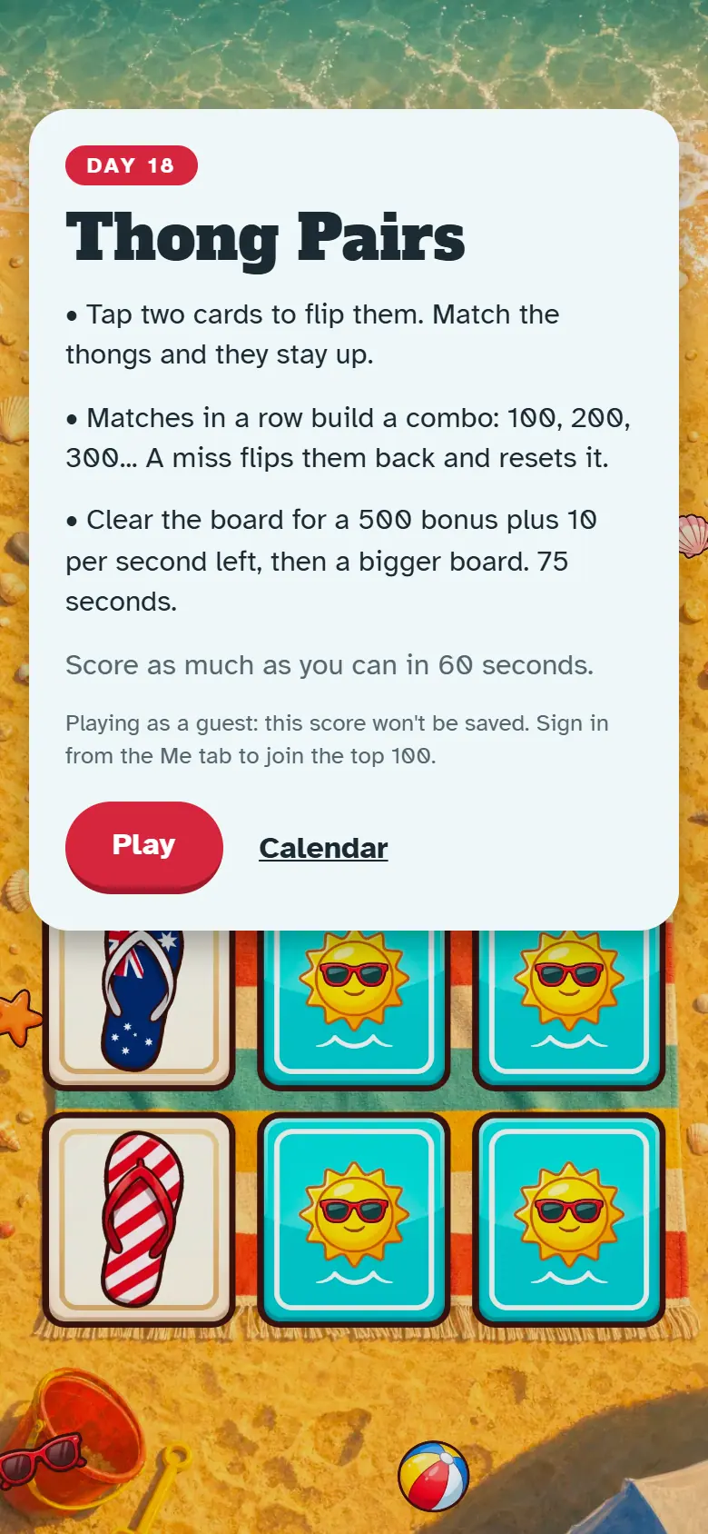 Intro screen for Day 18, Thong Pairs: the painted scene behind the how-to-play card and the Play button.