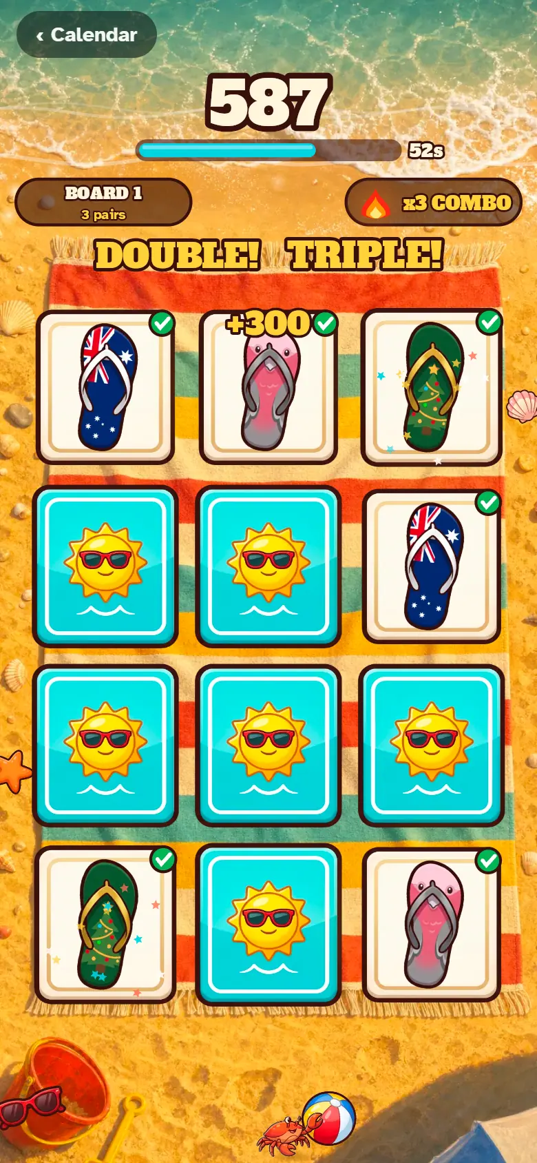 A grid of cards showing thongs and sunglasses on the sand, some already matched, in the memory game Thong Pairs.