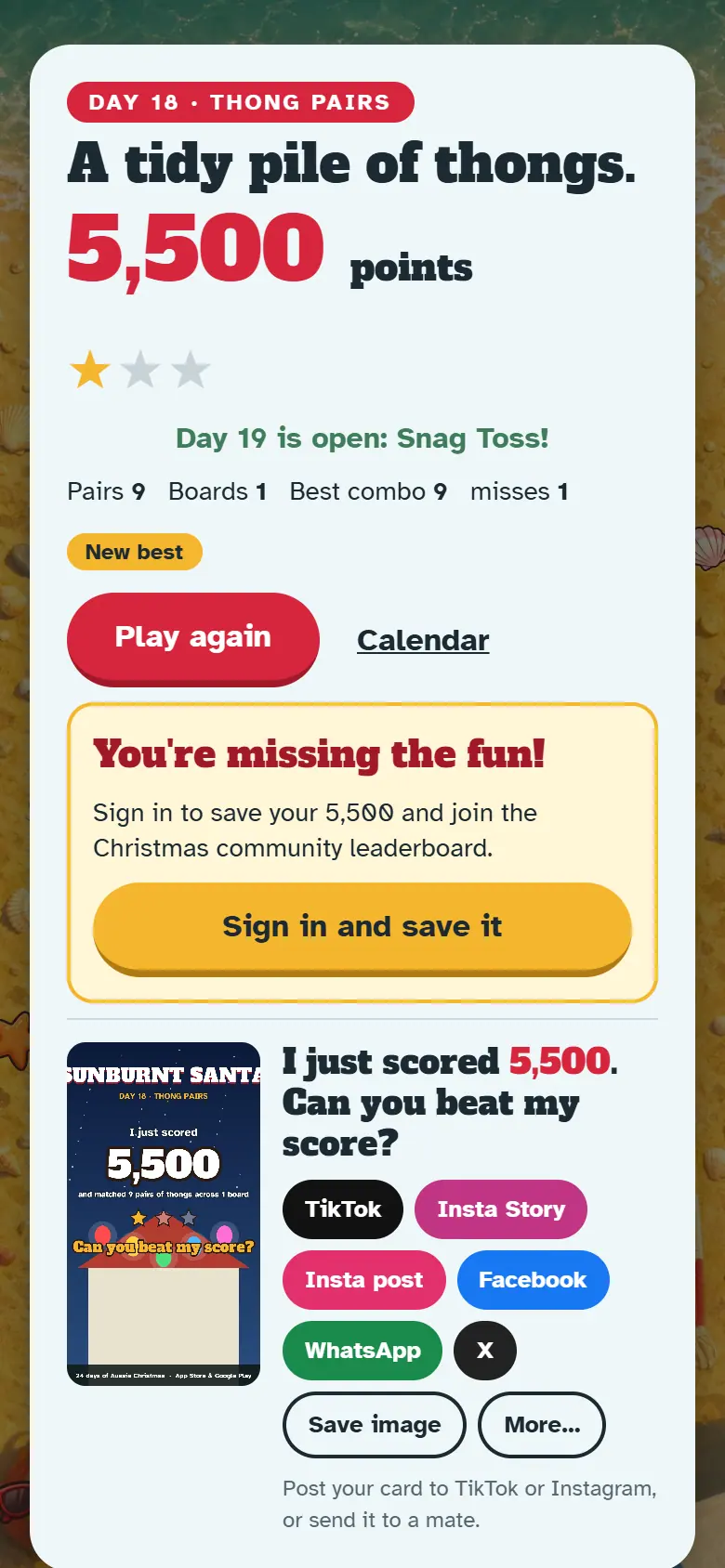 Results screen for Day 18, Thong Pairs, with the score, stars, Play again and the share buttons.