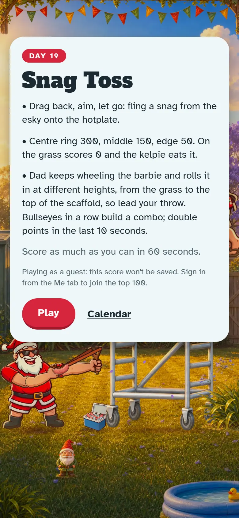 Intro screen for Day 19, Snag Toss: the painted scene behind the how-to-play card and the Play button.