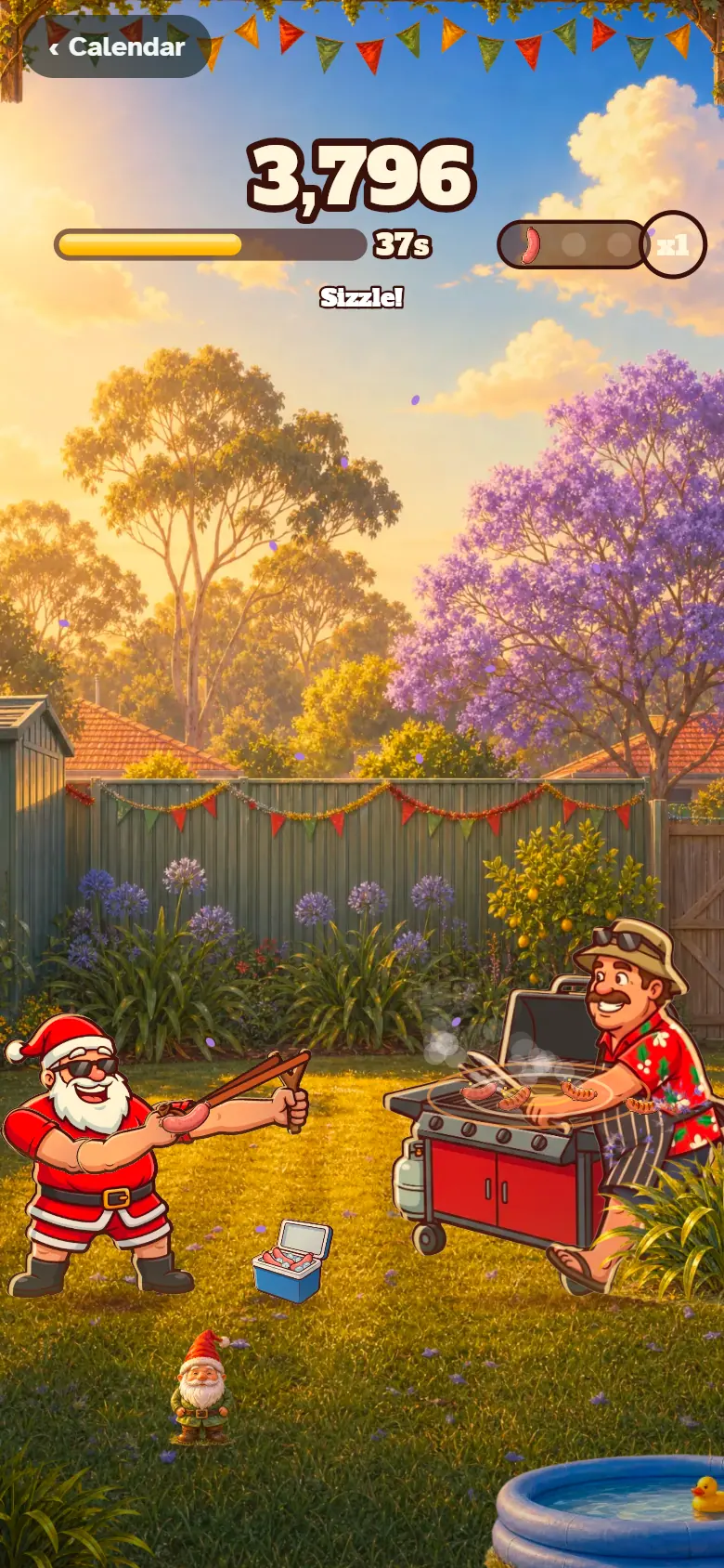 Santa flings a snag towards Dad and his barbecue in a backyard with jacaranda trees in Snag Toss.
