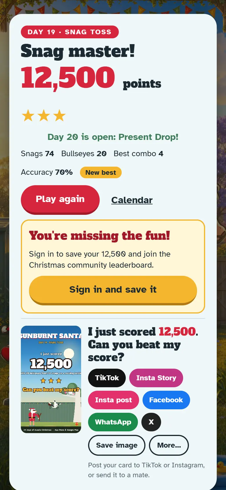 Results screen for Day 19, Snag Toss, with the score, stars, Play again and the share buttons.