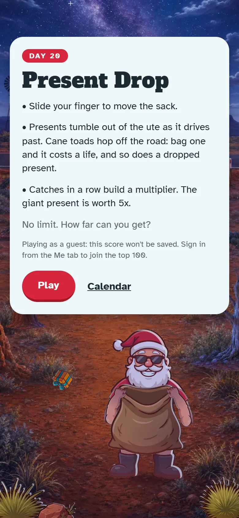 Intro screen for Day 20, Present Drop: the painted scene behind the how-to-play card and the Play button.