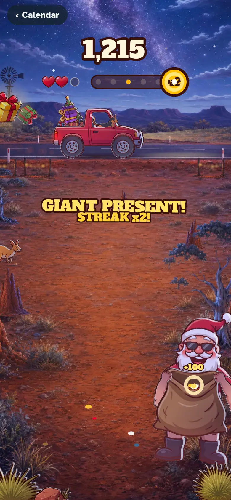Santa holds an open sack on the outback roadside at dusk as presents tumble from the passing red ute.