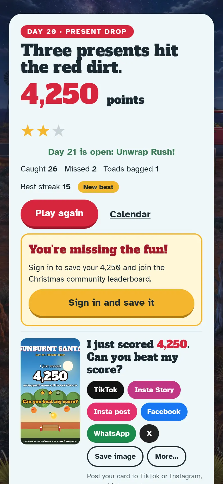 Results screen for Day 20, Present Drop, with the score, stars, Play again and the share buttons.