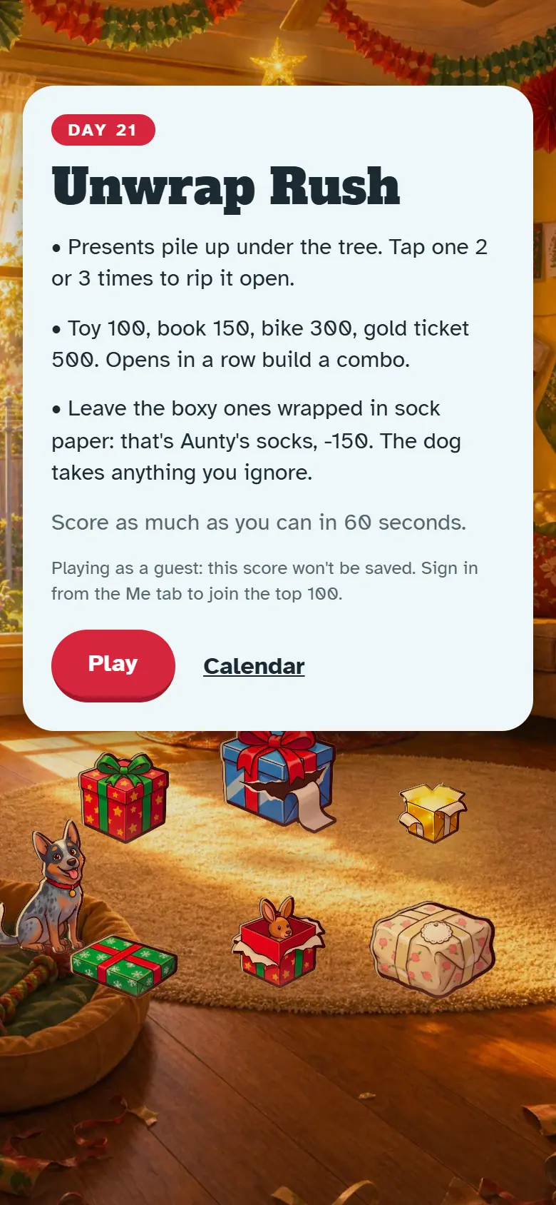 Intro screen for Day 21, Unwrap Rush: the painted scene behind the how-to-play card and the Play button.