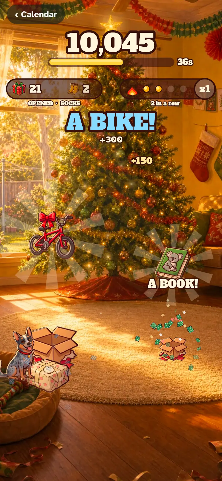 Presents under the Christmas tree burst open to reveal a bike and a book while the dog waits in Unwrap Rush.