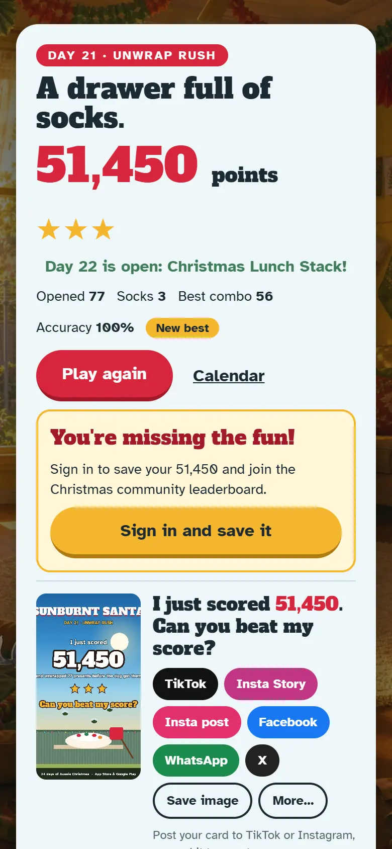 Results screen for Day 21, Unwrap Rush, with the score, stars, Play again and the share buttons.