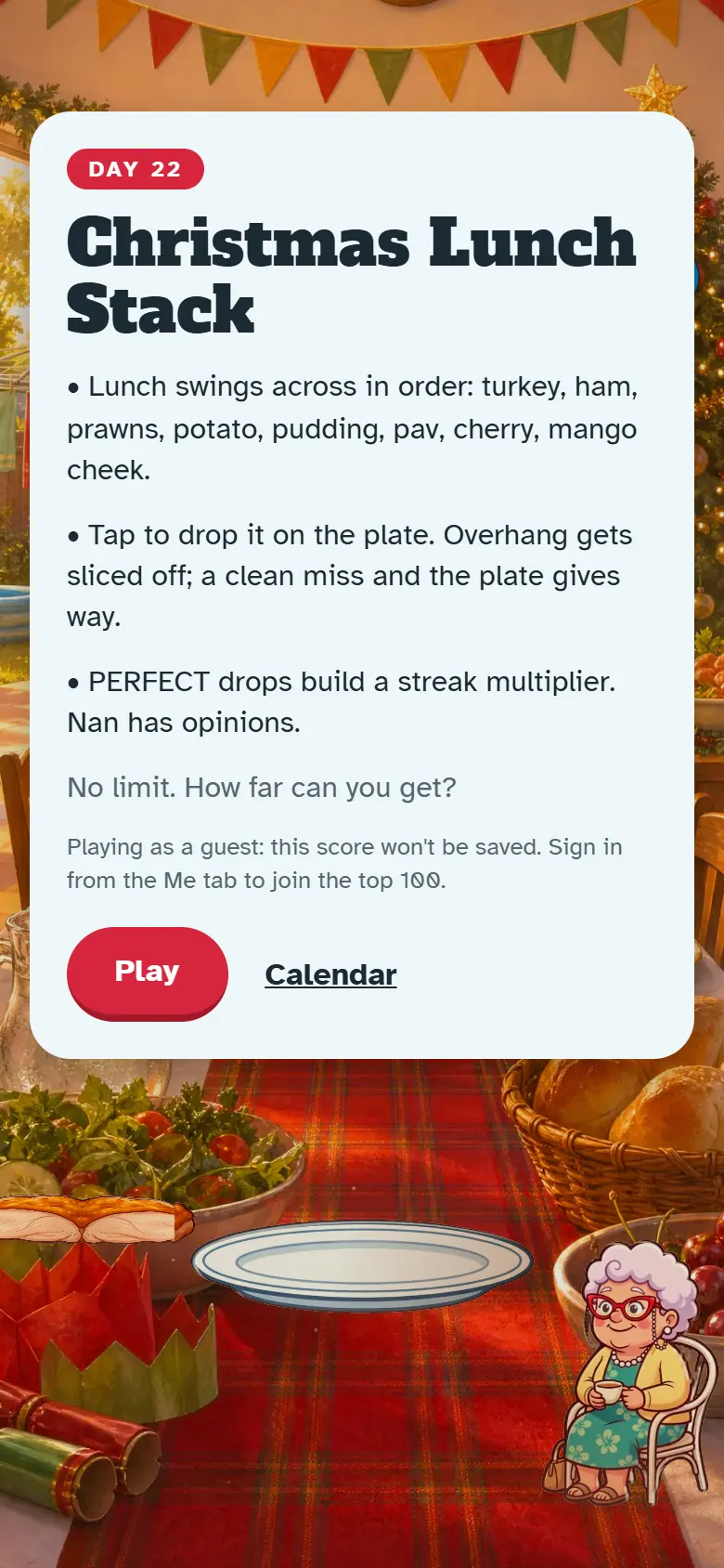 Intro screen for Day 22, Christmas Lunch Stack: the painted scene behind the how-to-play card and the Play button.