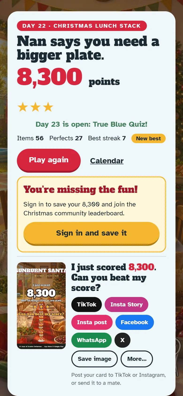 Results screen for Day 22, Christmas Lunch Stack, with the score, stars, Play again and the share buttons.
