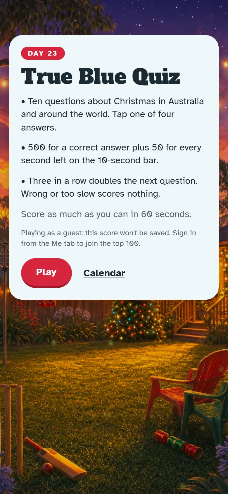 Intro screen for Day 23, True Blue Quiz: the painted scene behind the how-to-play card and the Play button.