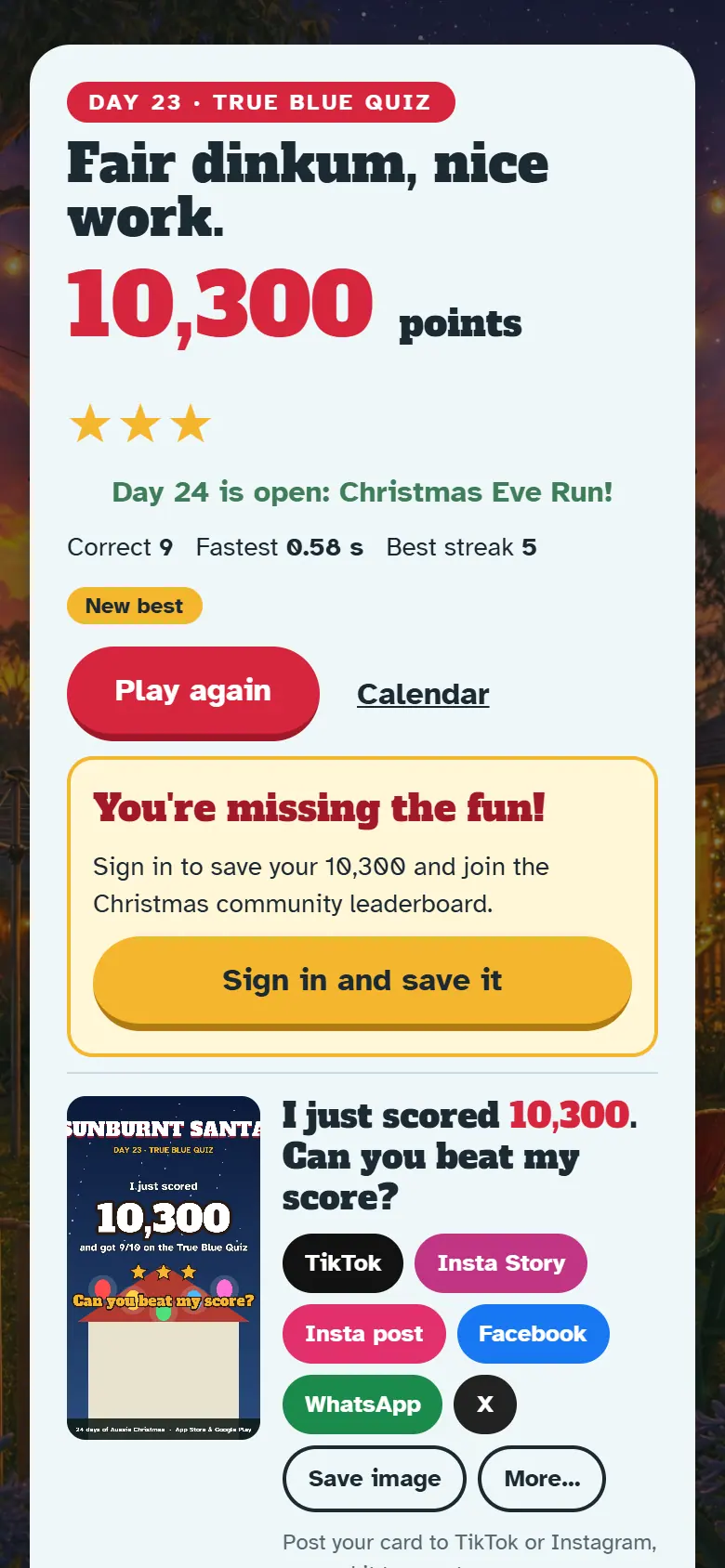 Results screen for Day 23, True Blue Quiz, with the score, stars, Play again and the share buttons.