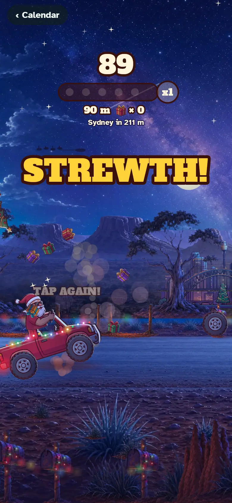 The red ute races through the outback under the stars on Christmas Eve, with presents floating overhead.