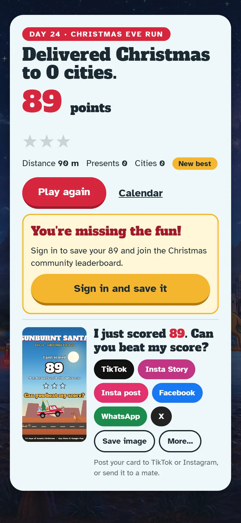 Results screen for Day 24, Christmas Eve Run, with the score, stars, Play again and the share buttons.